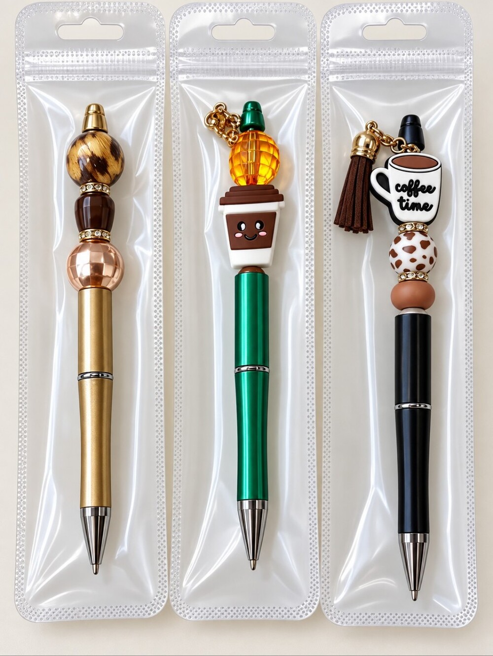 3pc Beaded Charm Pen Bundle Coffee Theme Handcrafted